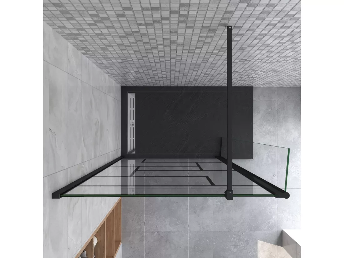 Paroi de douche fixe à l'italienne 120+30x200cm avec retour pivotant - Noir - avec barre de fixation 140cm en carré