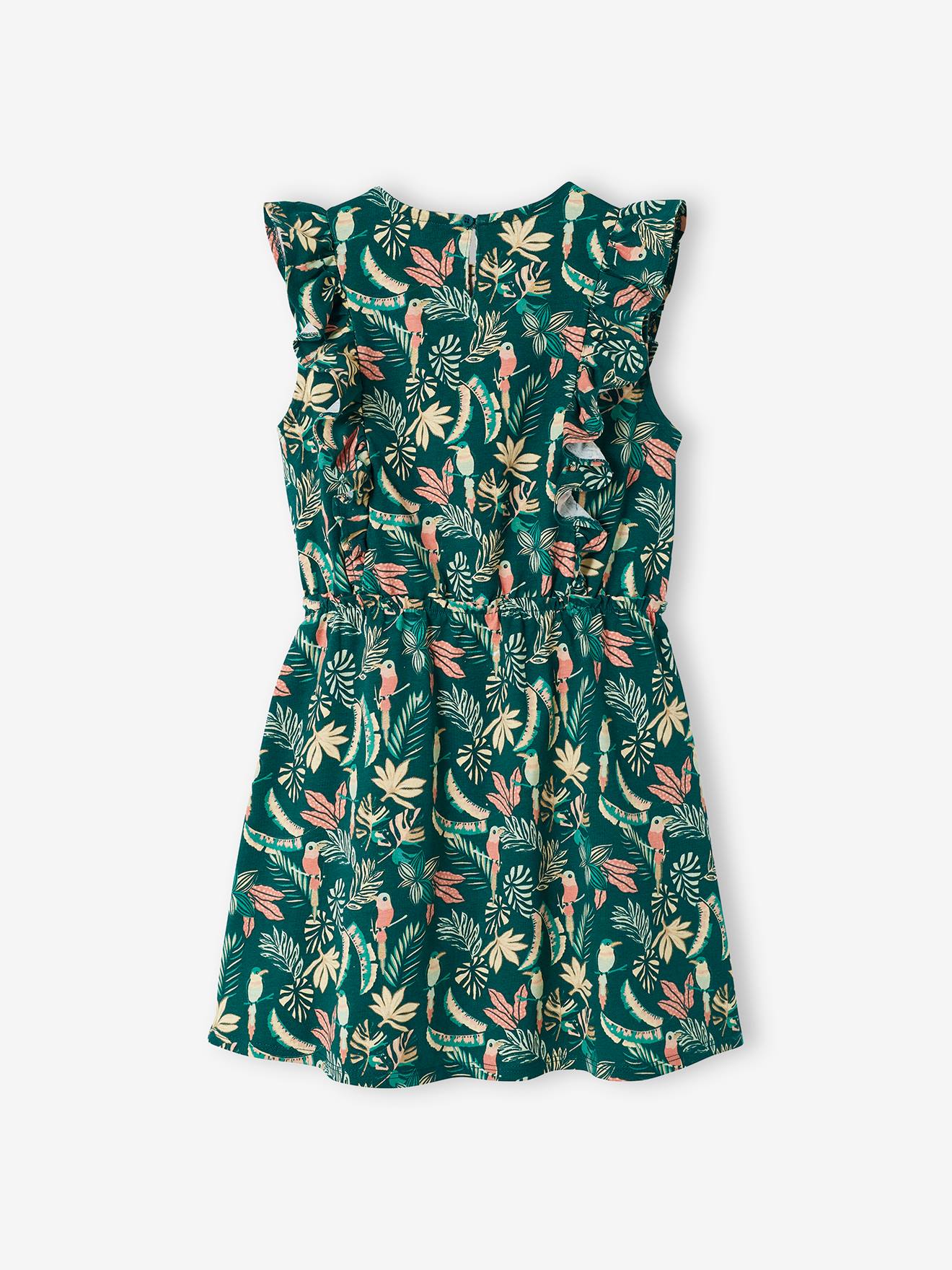 Vestido estampado com babados, para meninas, estampa verde escura