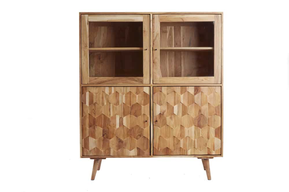 Massivholz Highboard MYSTIC LIVING 140cm Akazie natur Vitrine 3D-Oberfläche