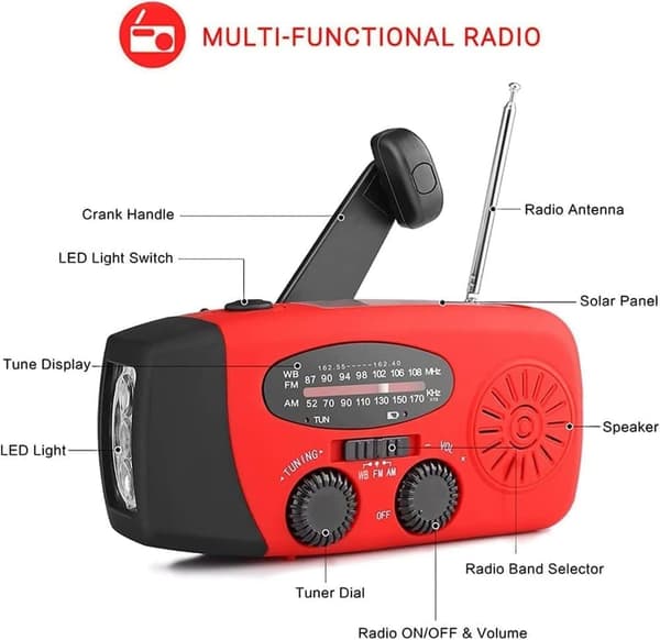 Veivradio med solceller, lommelykt og 2000mAh Powerbank SOS