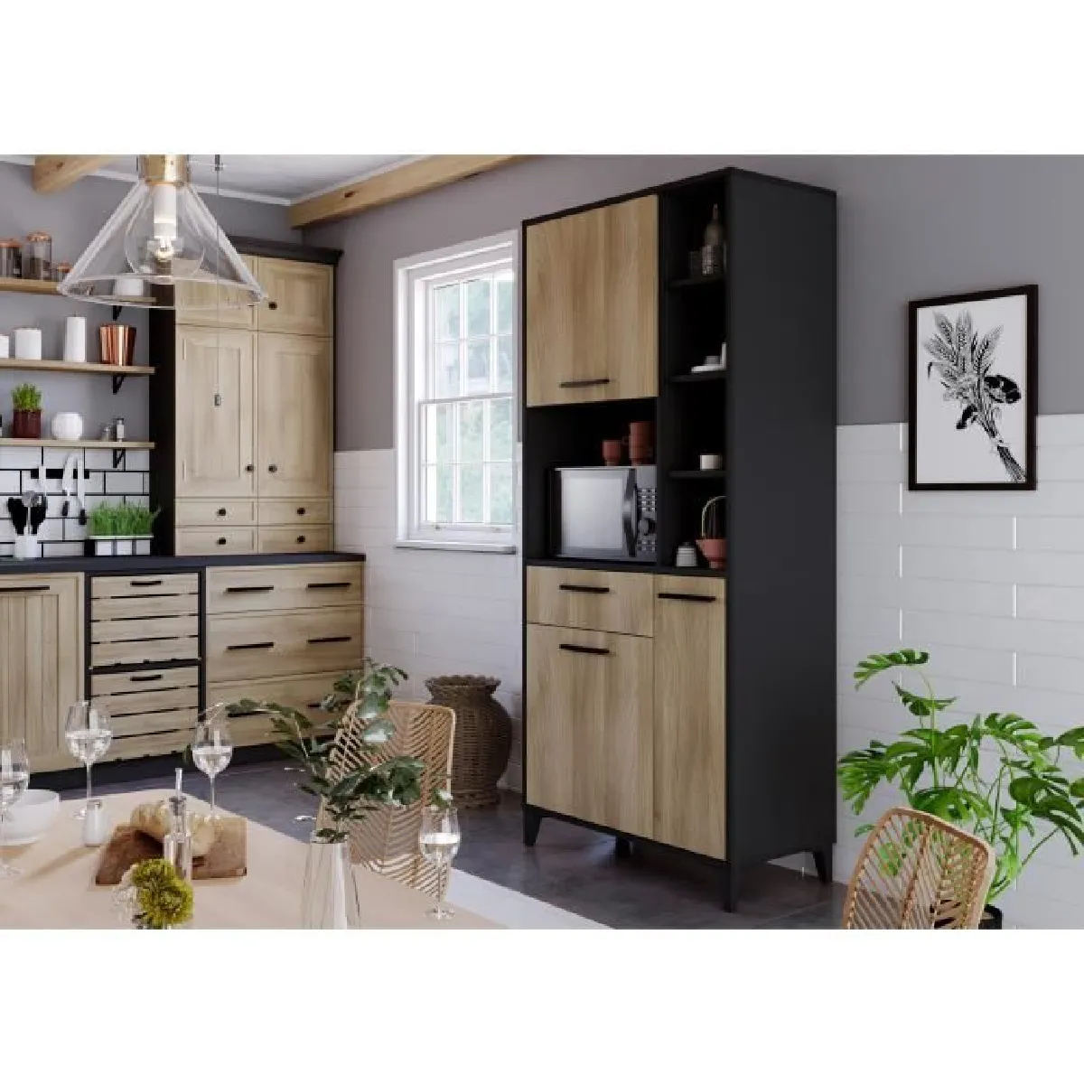 Tbs Buffet haut de cuisine - Chêne et noir