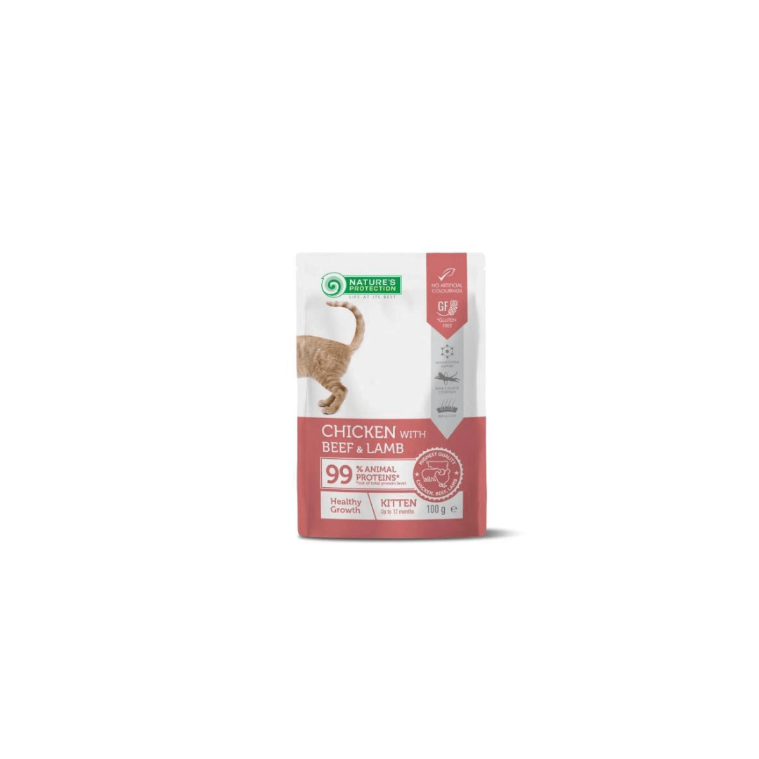 Sachê de 100g de Nature's Protection com sabor de frango, carne bovina e cordeiro para gatinhos