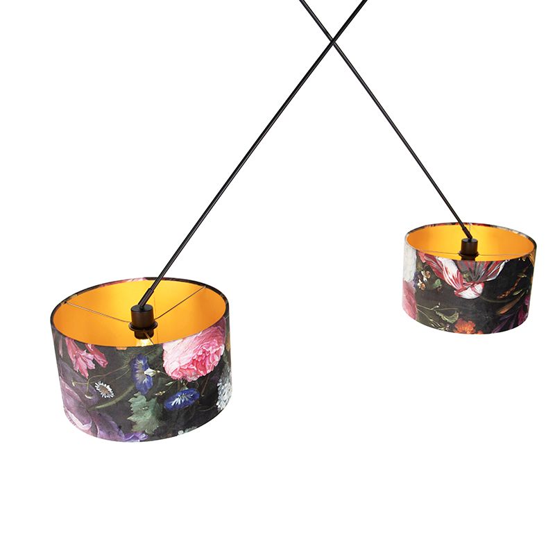 Hanglamp zwart met velours kappen bloemen met goud 35 cm 2-lichts - Blitz