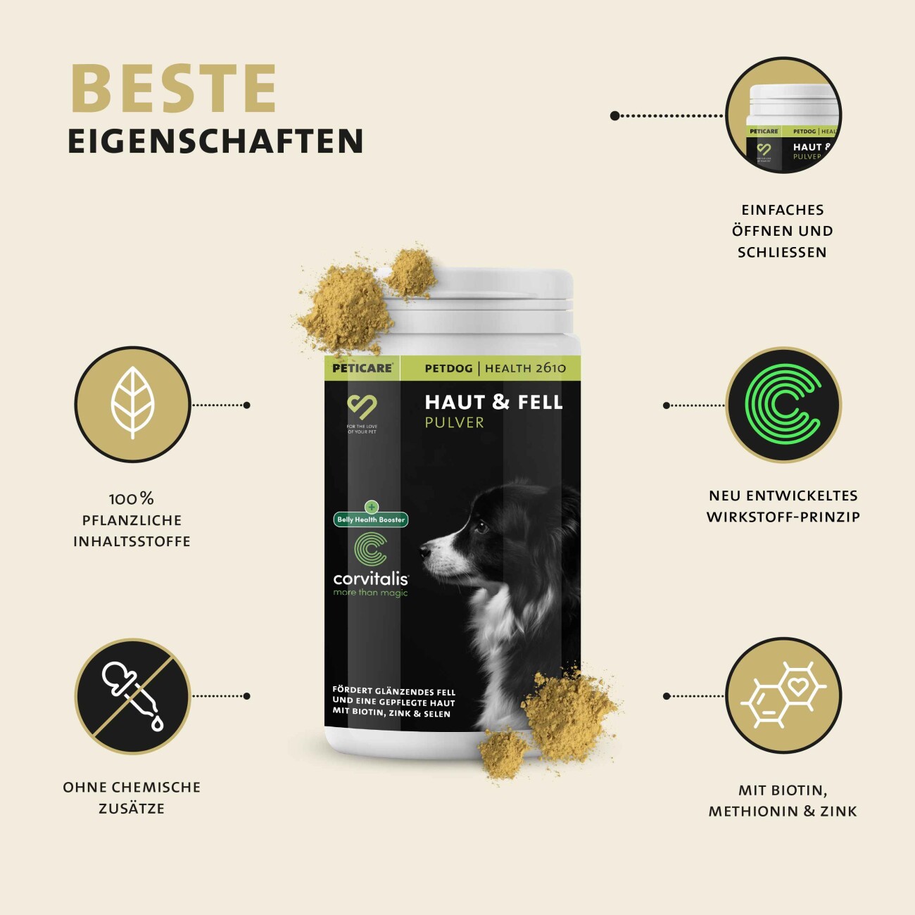 Peticare Ergänzungsfutter Fell & Haut Pulver für Hunde 125g