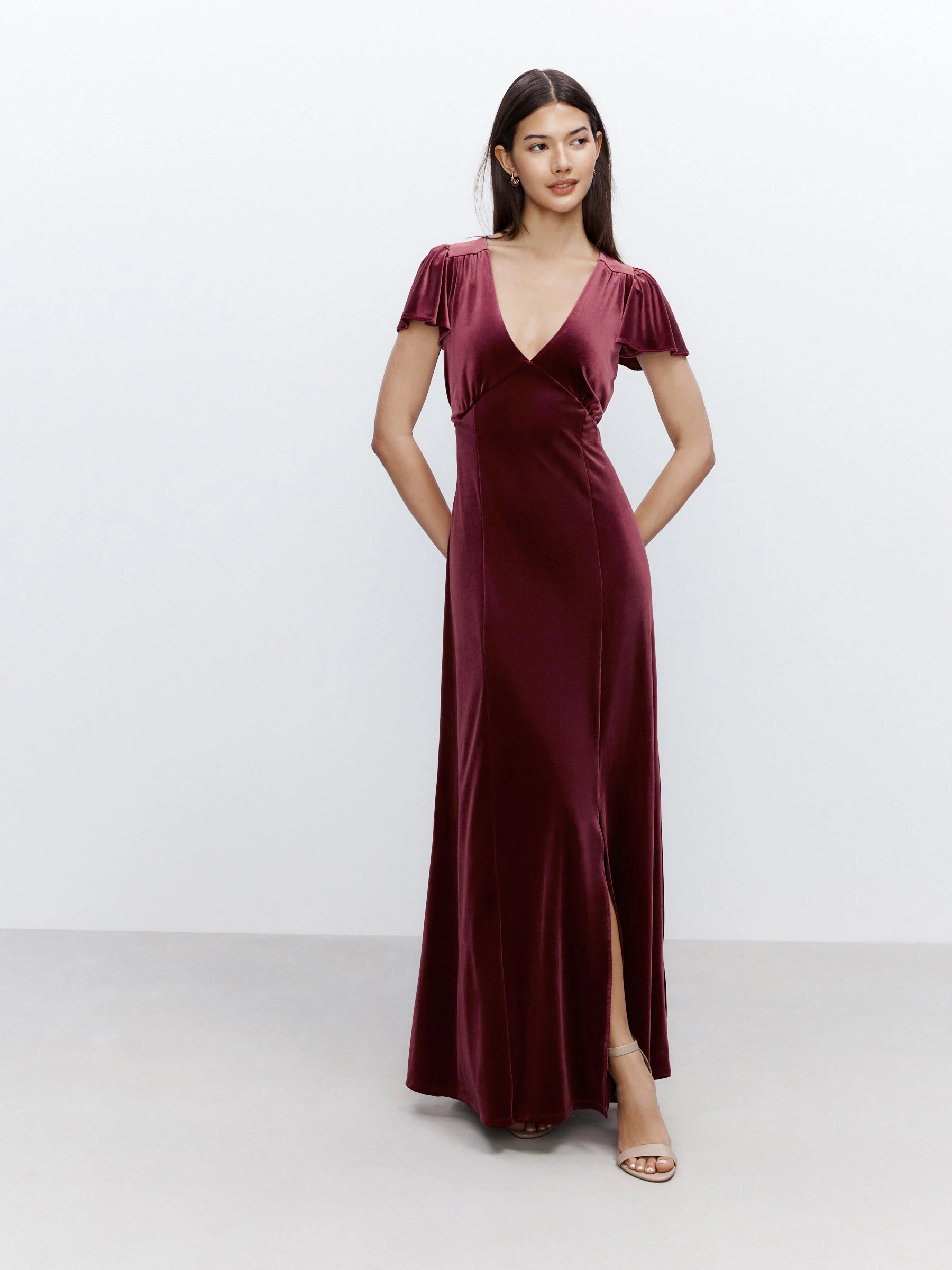 Bessenrood - Bridesmaid Velvet Flutter Sleeve Maxi Dress