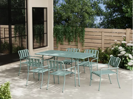 Salle à manger de jardin en métal : la table L.160 cm et 6 fauteuils - Vert amande - BIRMOS de MYLIA