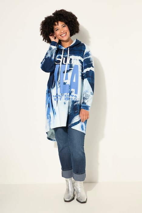 Hoodie, Jeans-Druck, Kapuze, gerundeter Saum