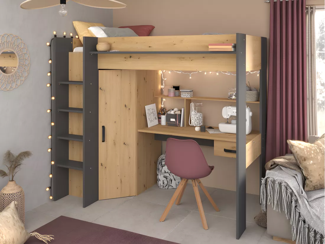 Lit mezzanine avec bureau et armoire - 90 x 200 cm - Coloris : Chêne et anthracite + matelas - AUCKLAND