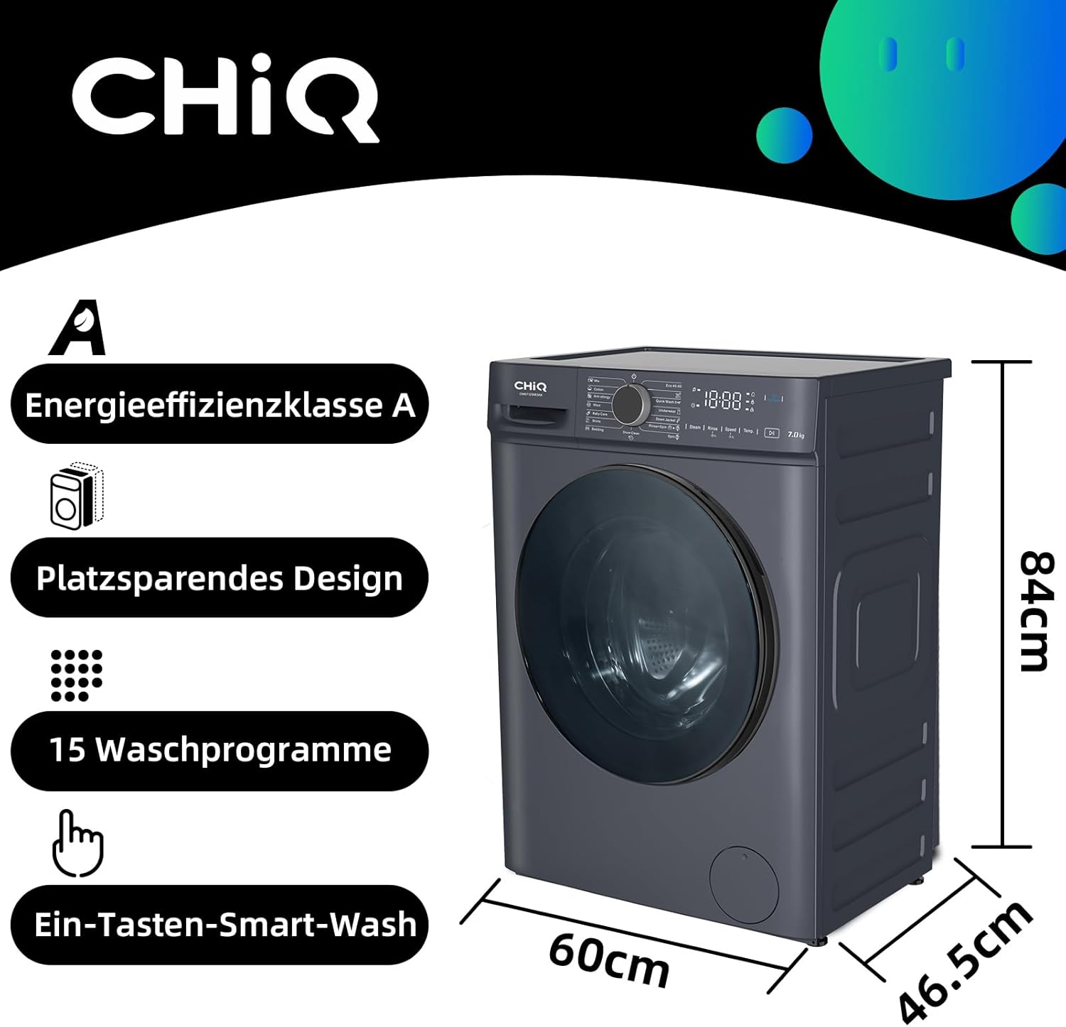 CHiQ Waschmaschine 7kg, InverterMotor, EEK A| 60x46,5x84cm, Große Tür| Eco, Speed Wash, Auto Clean, Kindersicherung|1200 U/Min, Washer Grau, CW07123863AX