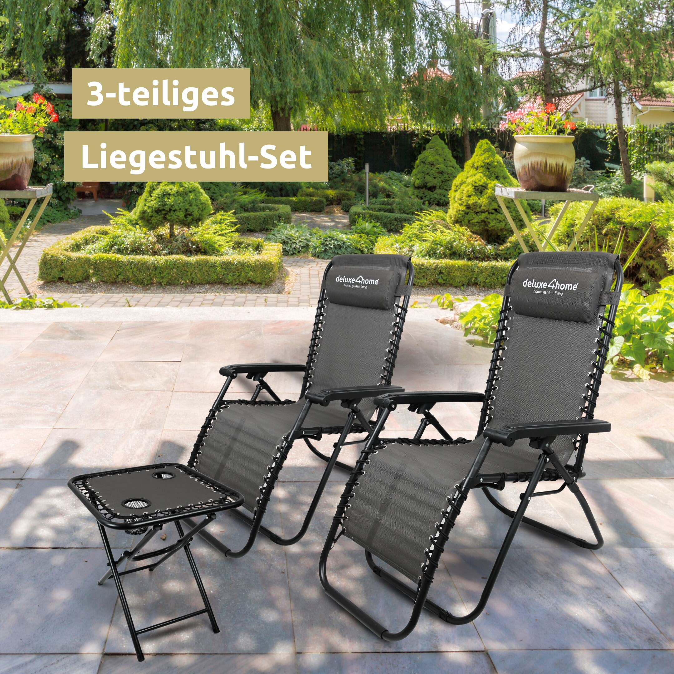 deluxe4home® Liegestühle mit Klapptisch faltbar mit gepolsterter Kopflehne