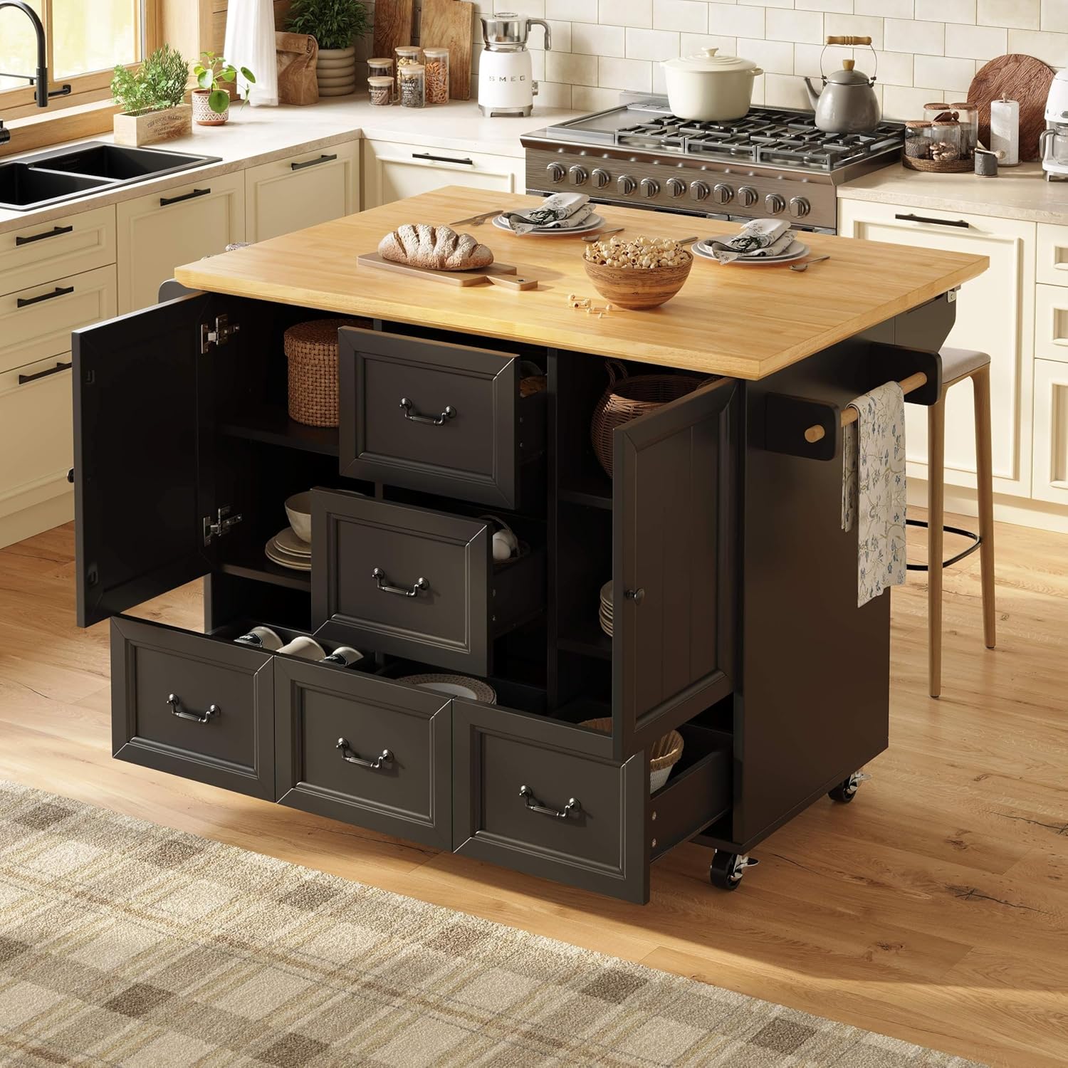 Kücheninsel, Schrank, Sideboard, Ausziehbarer Küchenwagen auf Rollen mit Handtuchhalter und Gewürzregal, verstellbare Einlegeböden, Schwarz