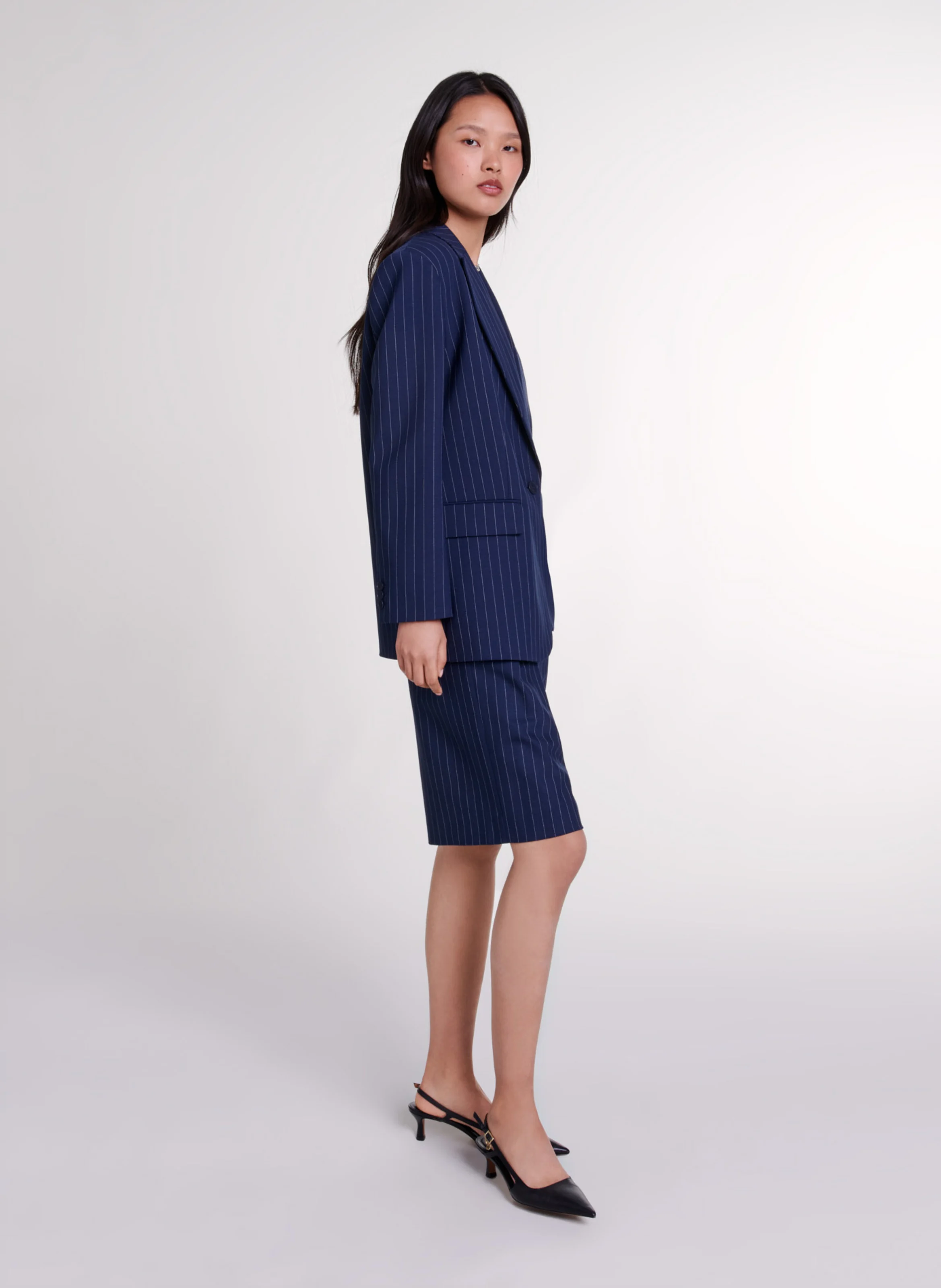 Veste de tailleur droite en laine mélangée | Rayé