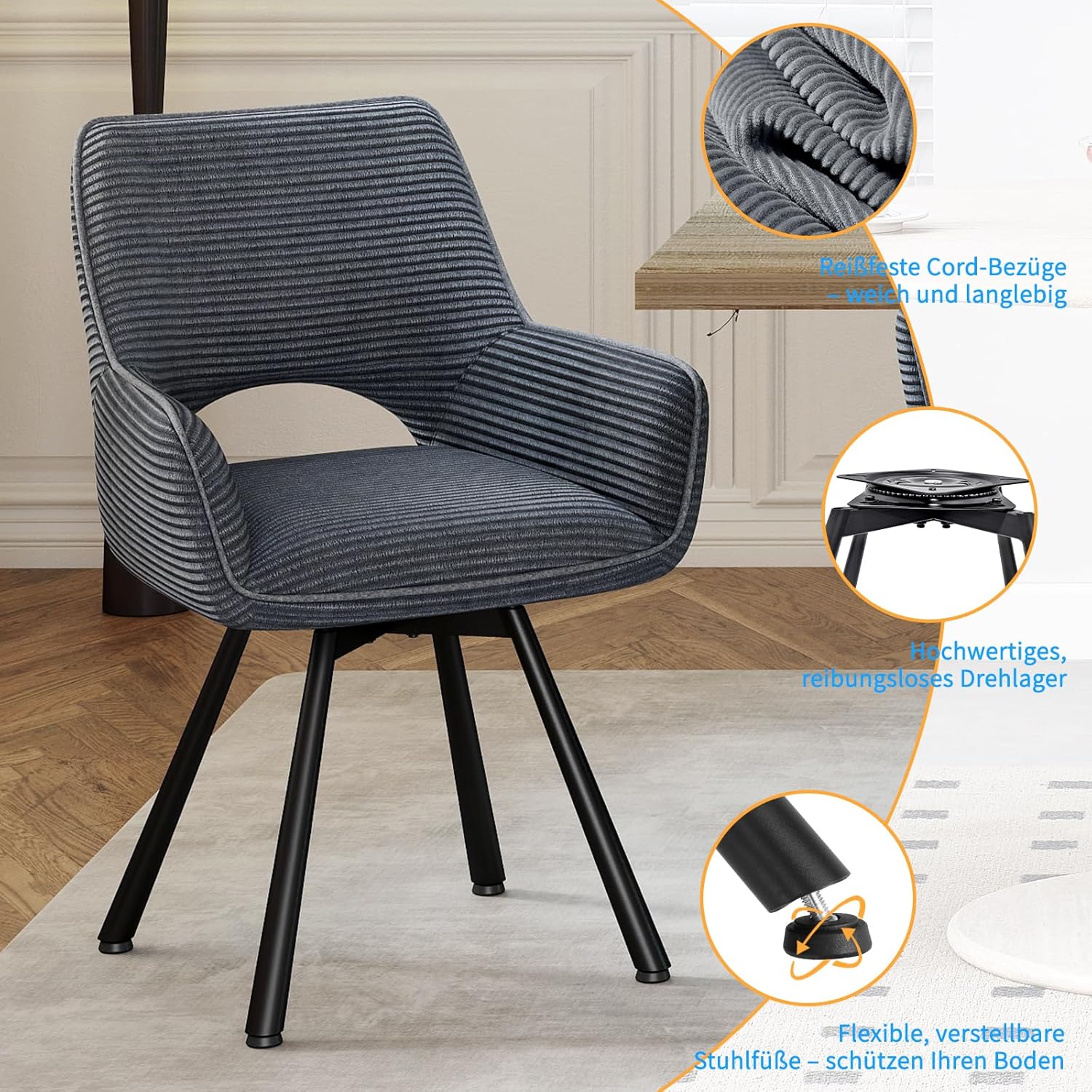esszimmerstühle 4er Set Drehbar 360°,Armlehnstuhl mit Metallbeinen,geeignet als Stühle Esszimmer,Samt Stuhl,Küchenstühle,Wohnzimmerstuhl,Polsterstuhl mit Samtigem Gefühl,Grau