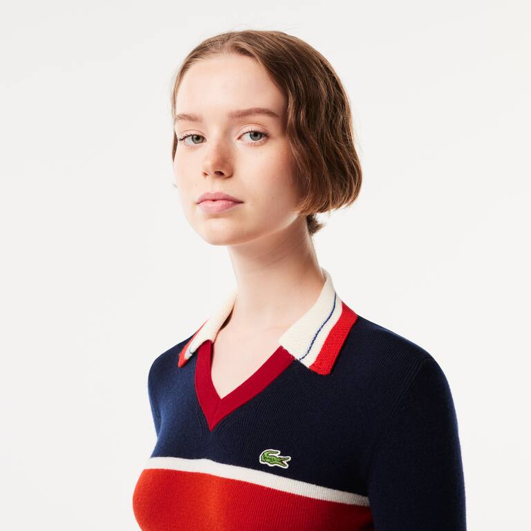 Pull col polo héritage fabriqué en France en maille côtelée Pullovers - Bleu - Lacoste - Femme