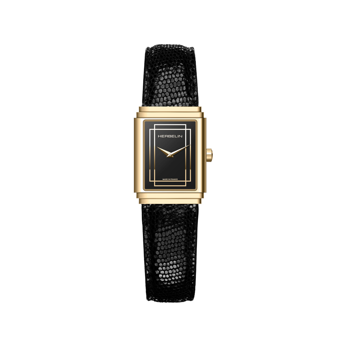 Montre HERBELIN Art Deco femme acier doré jaune bracelet cuir noir
