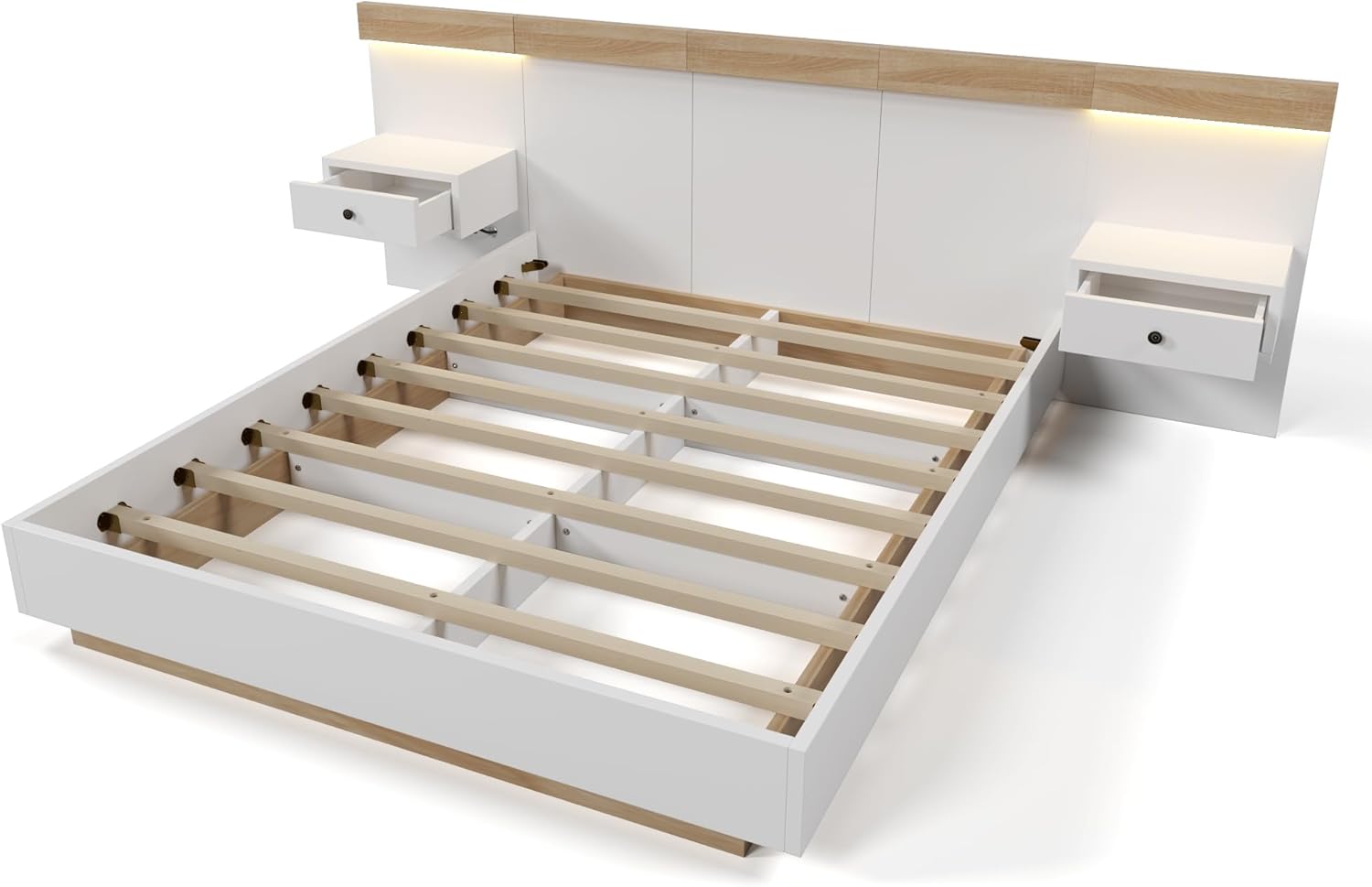 Doppelbett 180x200 cm, integriertes Kopfteil mit 2 LED Nachtkommoden und USB Ladefunktion, Holzbett Bettanlage mit Lattenrost, Funktionsbetten Rückenlehne Bettgestell, Ohne Matratze, Weiß+Eiche SF6772142