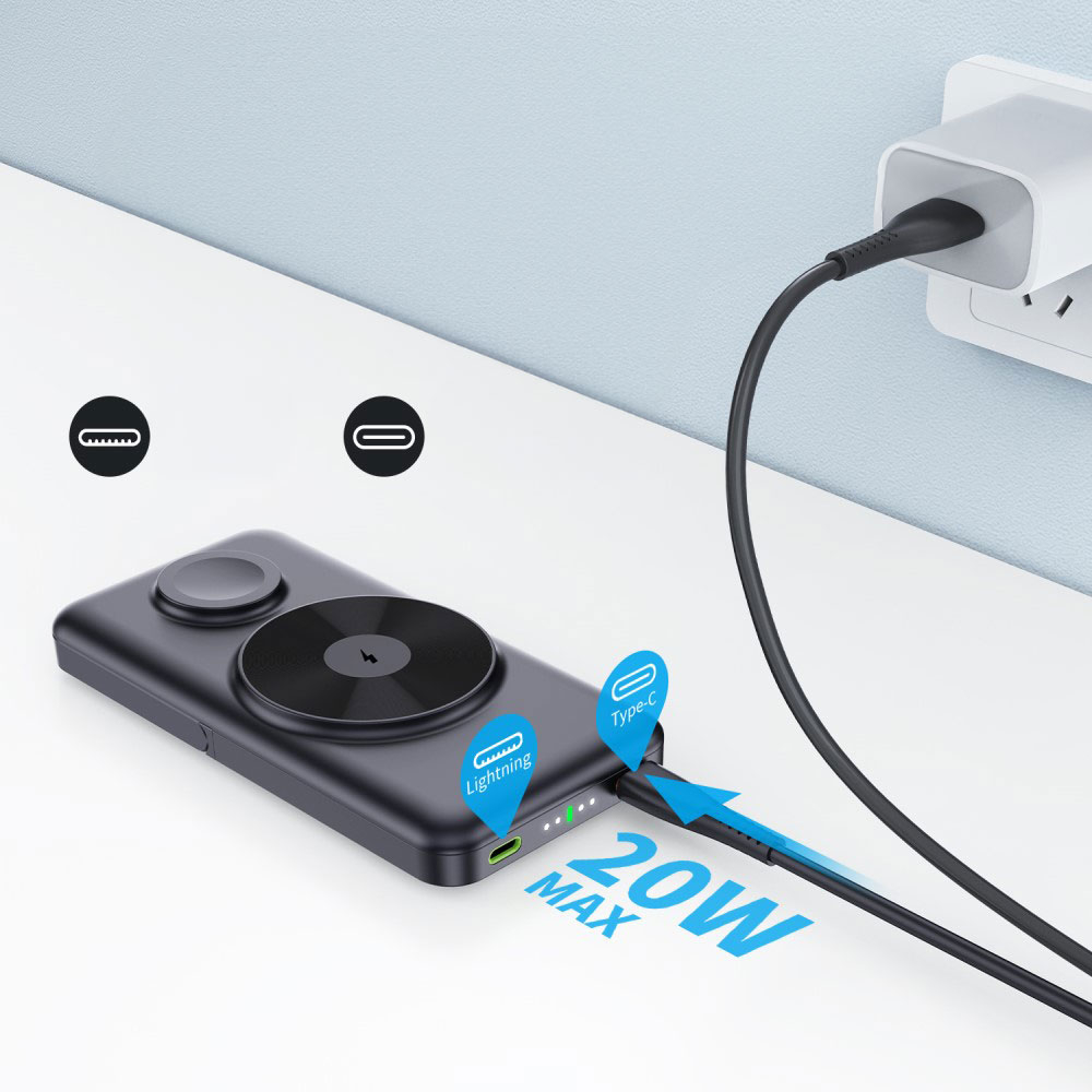 (20W) 10000mAh Magnetische MagSafe Powerbank USB C Ladegerät mit USB C / Lightning Kabel   Kickstand - Schwarz