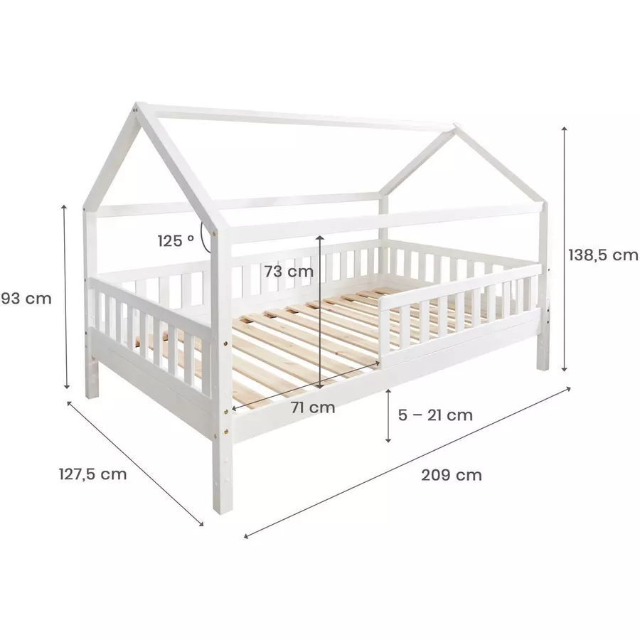 TICAA Kinderbett Hausbett Kay 120x200 Kiefer weiß Weiß