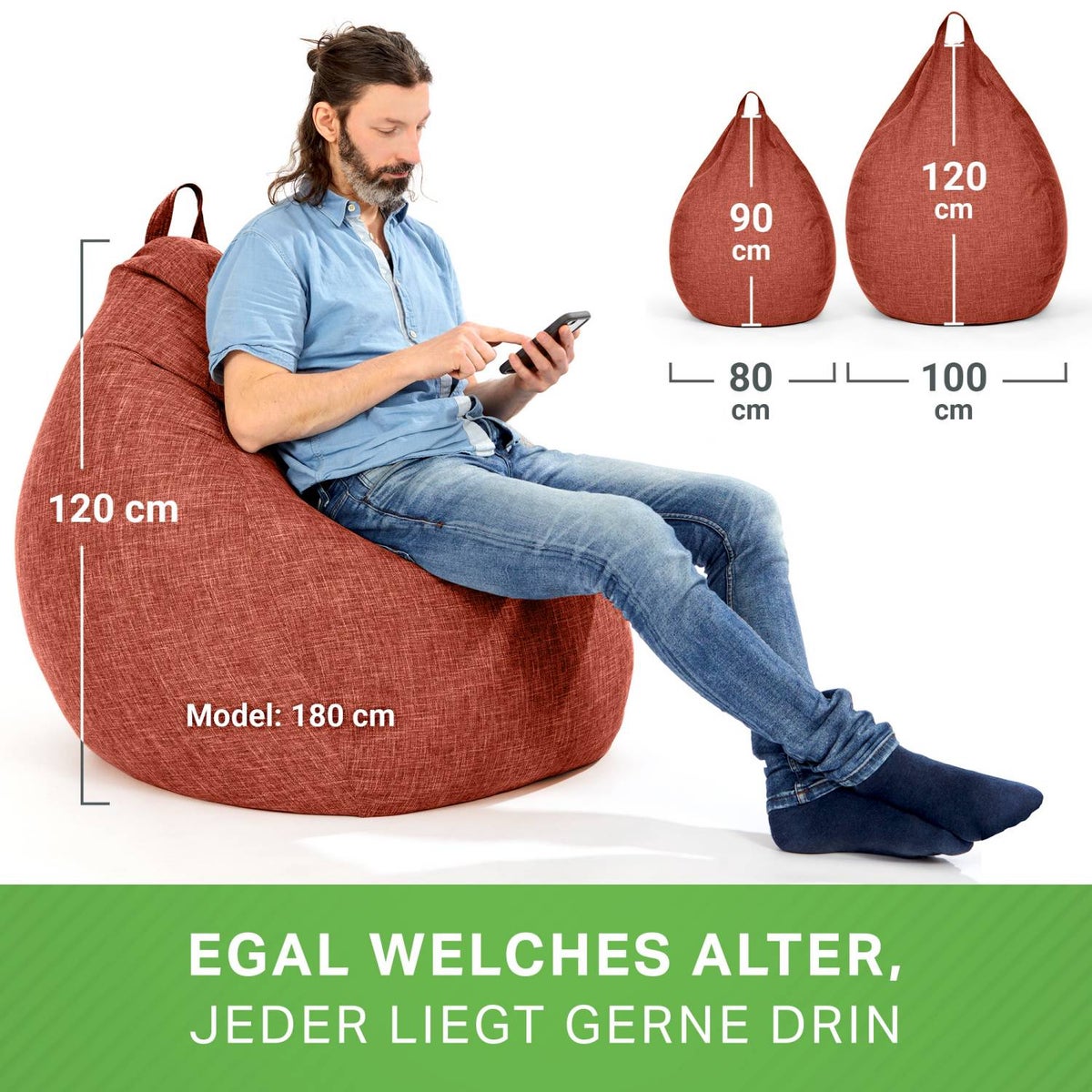 Green Bean Indoor zitzak met 200 liter EPS-korrelvulling, knuffelzacht, wasbaar - Stoffen vloerkussen, ligstoel, zitkussen, loungestoel voor binnen - Kersenrood