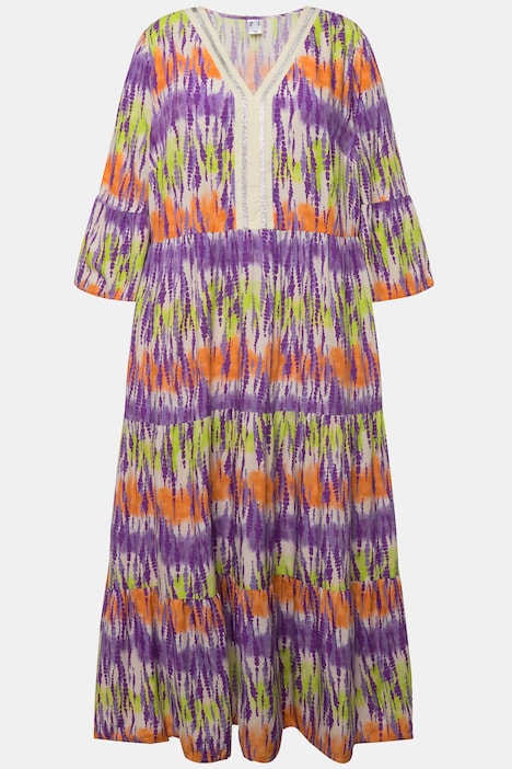 Maxikleid, Batikdruck, V-Ausschnitt, 3/4-Ärmel