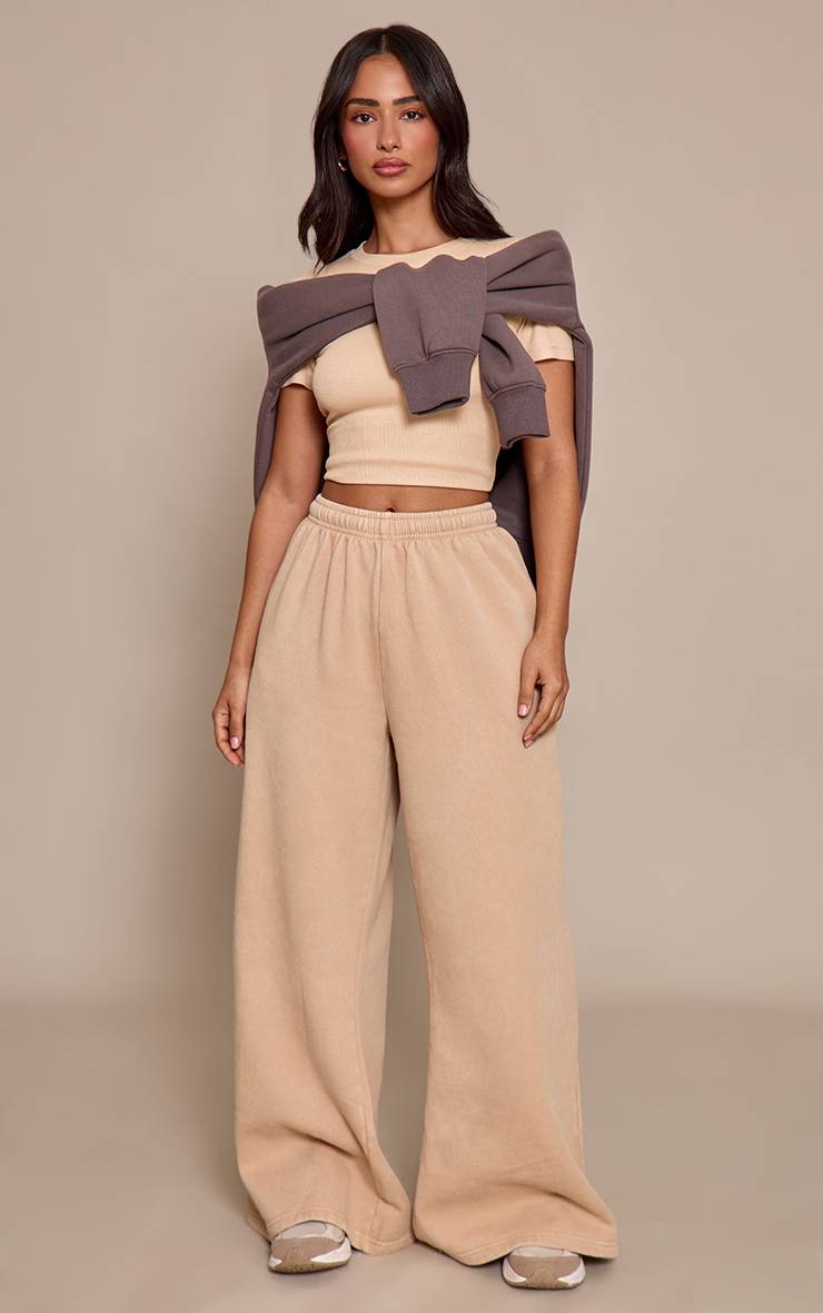 Beige Jogging Ample Petite Taille Jambes Larges Effet Délavé