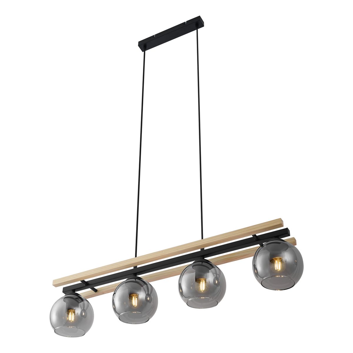 Moderne hanglamp zwart met hout en smoke glas 4-lichts - Aleks