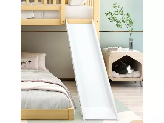 Lit superposé cabane enfant 2x90x200cm - avec escalier de rangement et escalier angulaire - toboggan - lit inférieur amovible - Blanc