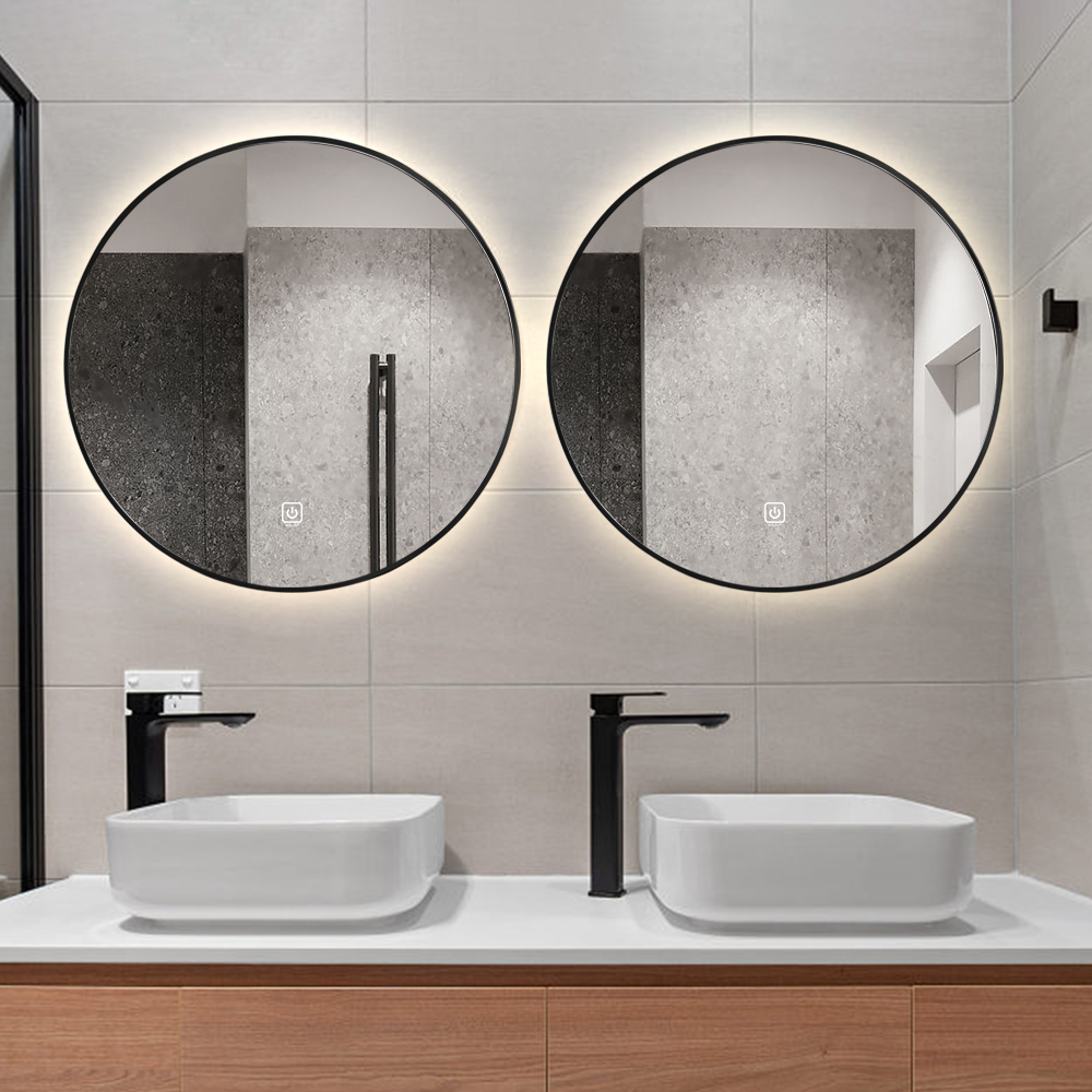 Set van 2 Saniclear Circle Black ronde spiegel met LED verlichting 70cm incl. spiegelverwarming mat zwart