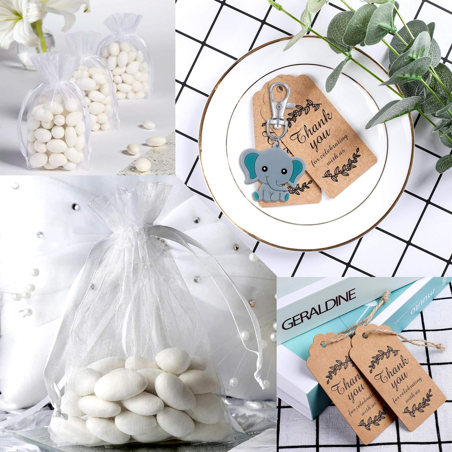 (60-tlg. Set) Baby Shower Gast Geschenk Gender Reveal Party Papier Anhänger / Organza Säckchen / Elefant Schlüsselanhänger - Blau