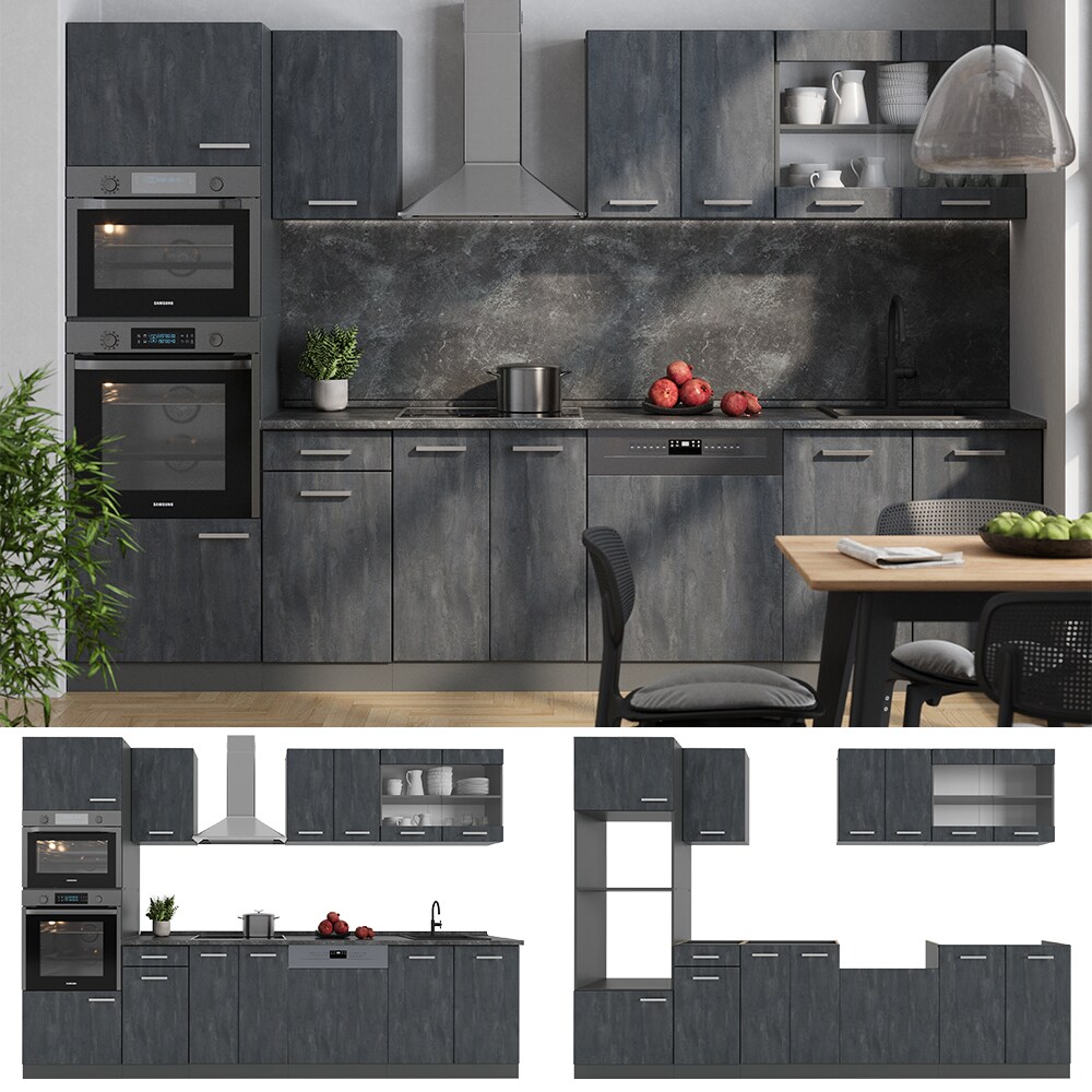 Vicco Küchenzeile R-Line 300 cm Schwarz Beton Anthrazit mit Arbeitsplatte Weiß-Marmor