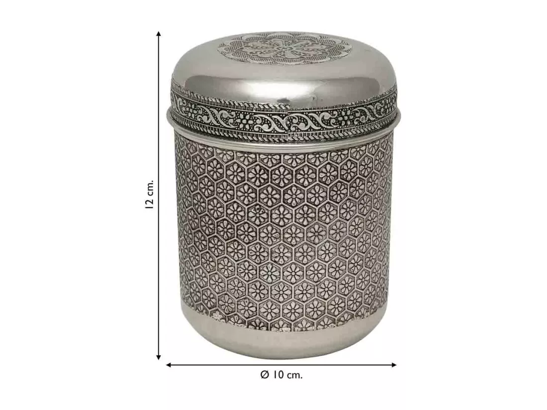 Pot en métal repoussé argenté 10x10x12