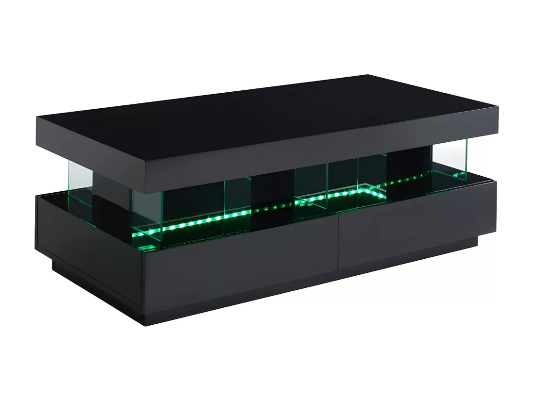 Table basse 2 tiroirs et 2 niches avec LEDs - MDF et verre trempé - Noir laqué - FABIO II