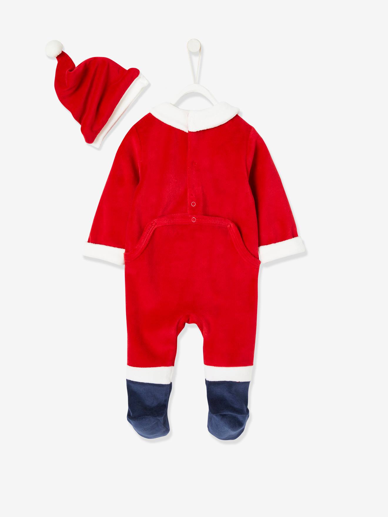 Conjunto de presente de Natal para bebê, composto por body e gorro, na cor vermelho escuro liso com estampas.