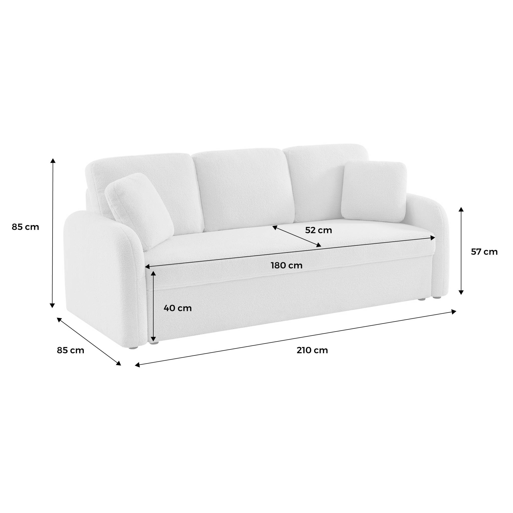 Canapé 3 places cosy rond. Tissu bouclettes blanches. Milano. L 210 x p 85 x h 85cm