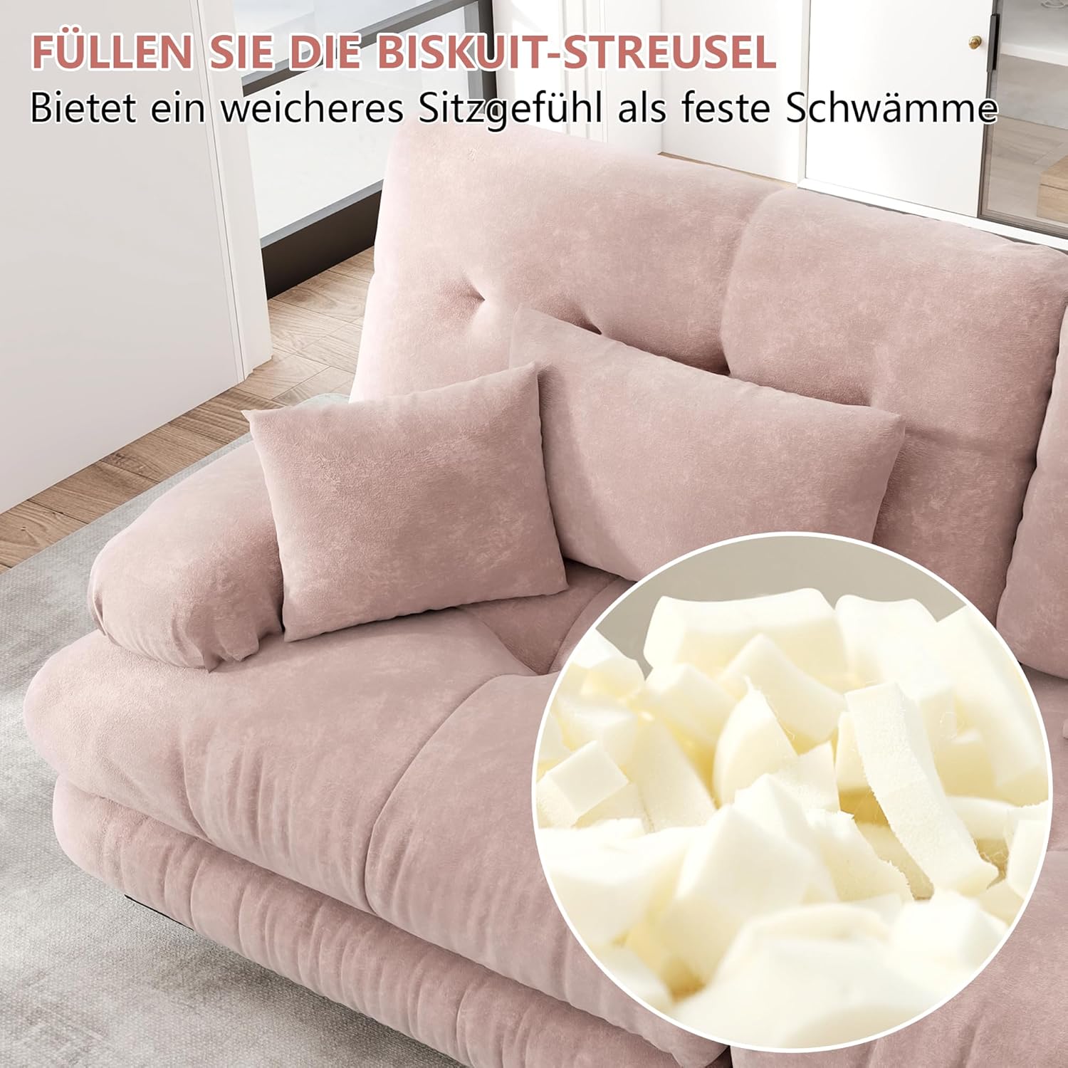 HAUSPROFI Modulares Sofa aus Chenille | Cloud Couch mit Ottomane Lenden- & Dekokissen | Tiefsitz, breite Armlehnen & ohne Montage | für Wohnzimmer, Apartment, Studio, Büro (Rosa,2-Sitzer + 2-Otto)