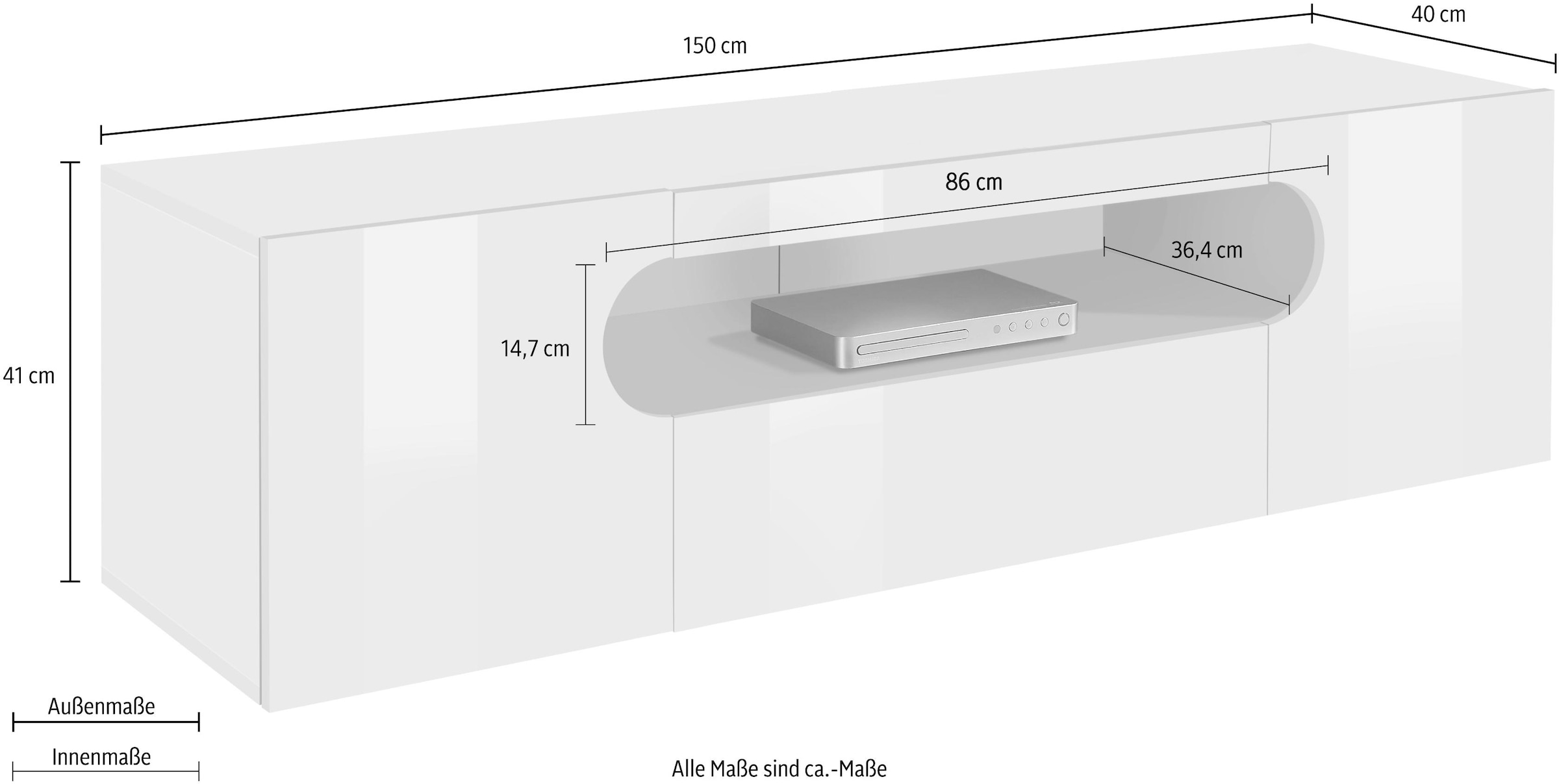 INOSIGN Lowboard »Real,Lowboard,TV-Kommode,TV-Möbel,Breite 150 kompl. hochglanz lackiert« mit 2 abgerundeten Türen,1 Klappe,die ein ovales offenes Fach bilden