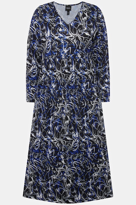 Kleid, A-Linie, Jersey mit LinienmusterEmpirenaht, V-Ausschnitt, Piping, Langarm