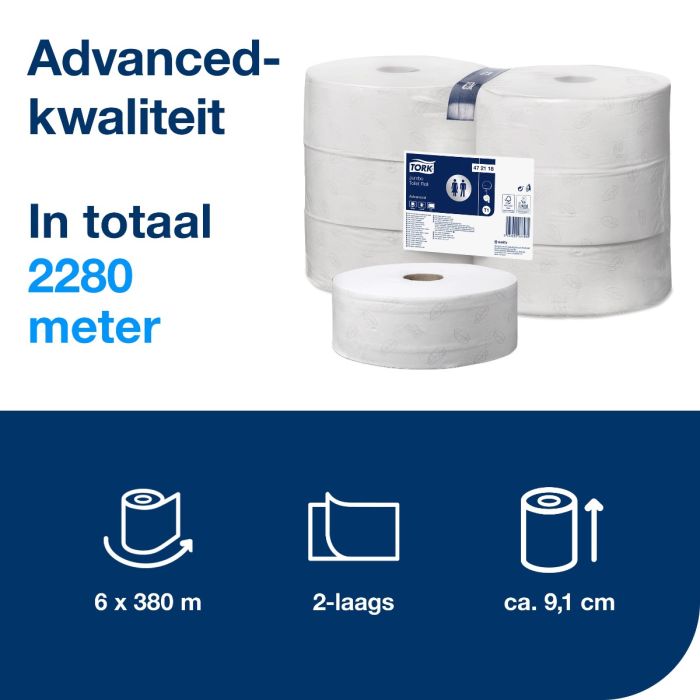 Tork 472118 511580 6st Advanced toiletpapier jumbo 2-lgs wit 380 mtr x 9,5 cm pak à 6 rol (472118) (120205)