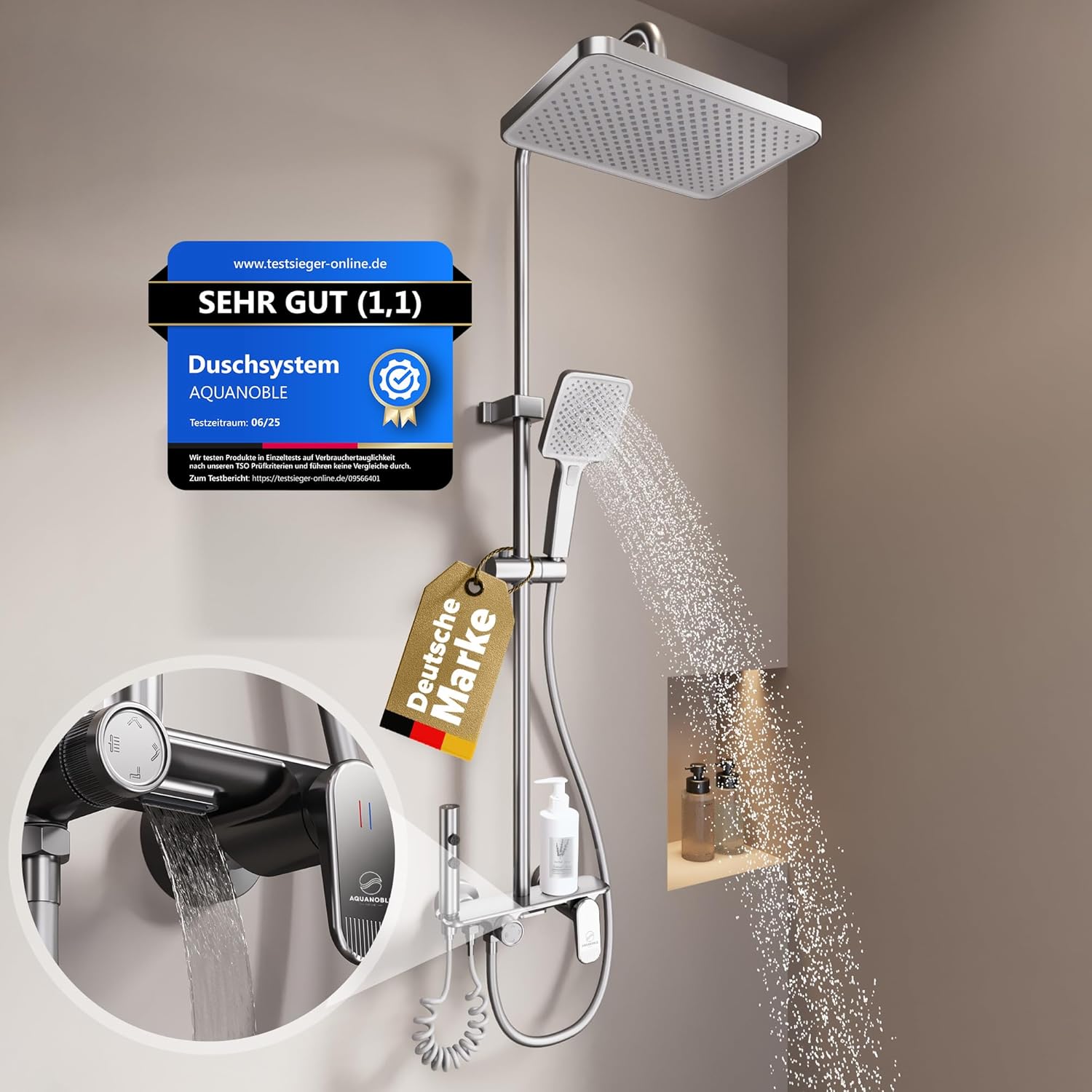 Duschsystem Komplettset für Bad & Dusche Regendusche mit 3-Funktions Handbrause | Thermostat Armatur Messing & Edelstahl Duschsäule Duschgarnitur & Duschbrause mit Ablage Anti Kalk Beschichtung chrom