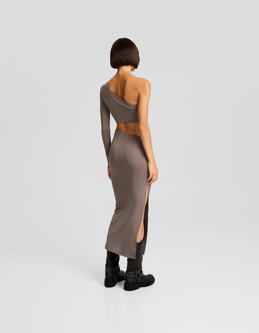 Vestido midi assimétrico de manga comprida com detalhe lateral