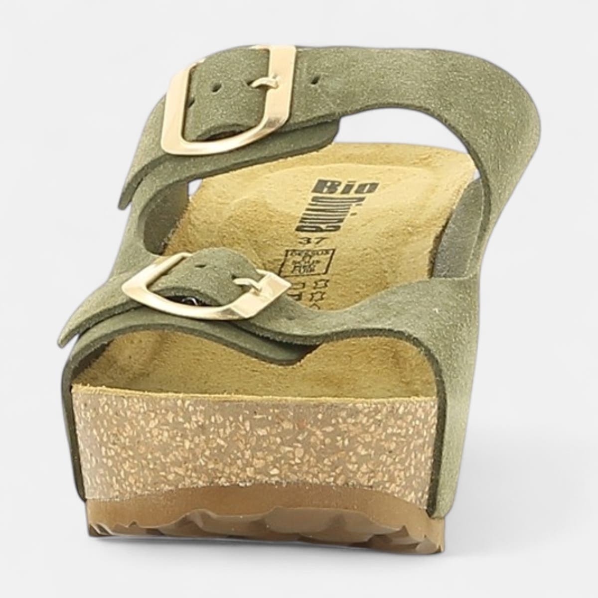 Mules semelle liège à talon compensé Femme en cuir kaki