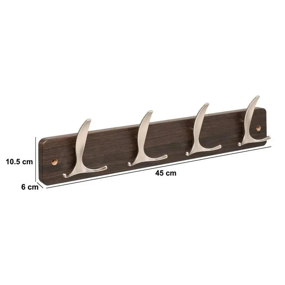 5Five Kapstok - 4 ophang haken - RVS - bruin/zilver - 45 x 10 cm