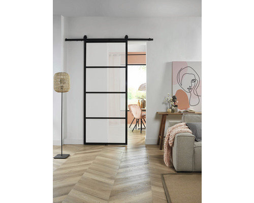 Intersteel Cubo Basic schuifdeur complete set, zwart, met gehard veiligheidsglas (ESG) satijnglans, 98x215 cm, inclusief deurblad, Basic schuifdeurbeslag en krukset.
