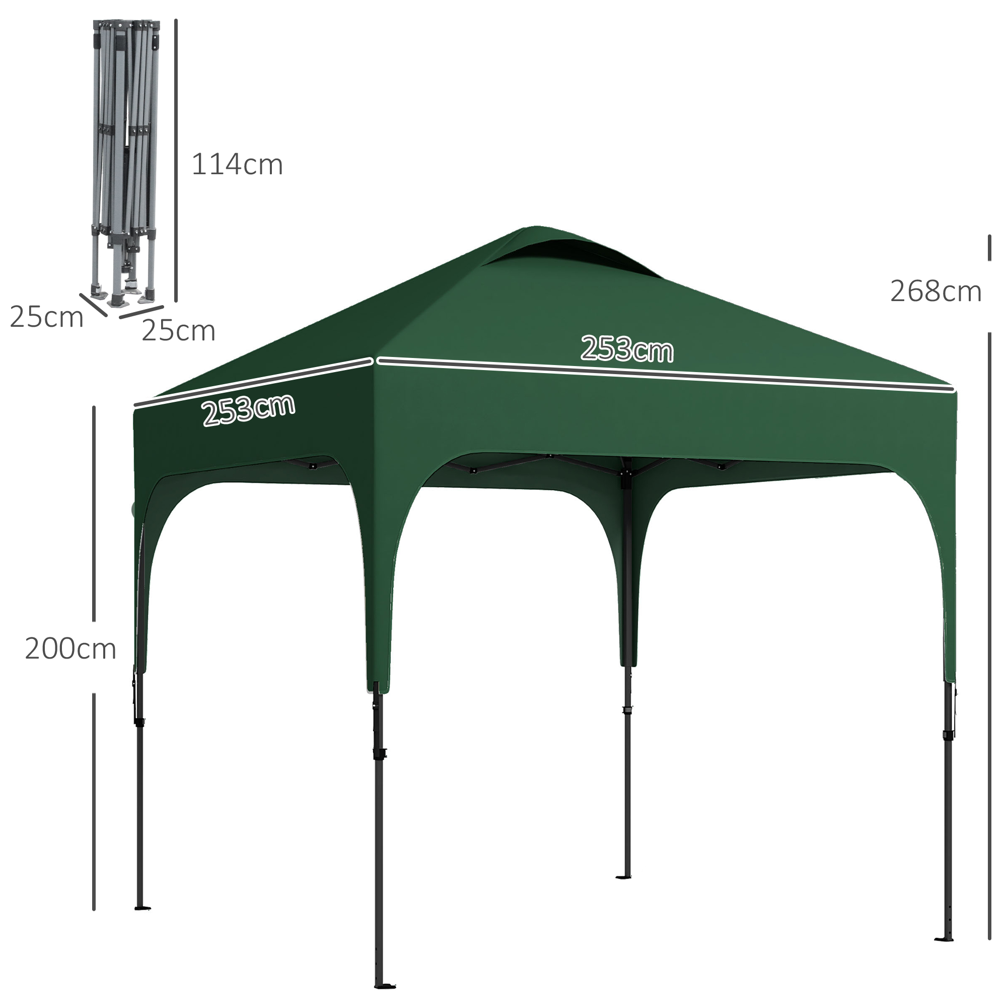 Gazebo dobrável Outsunny 2,5x2,5x2,68 m, tenda de jardim com proteção UV 50+, altura ajustável, inclui 4 sacos de areia e bolsa de transporte para camping, festas e varandas. Cor: verde escuro.