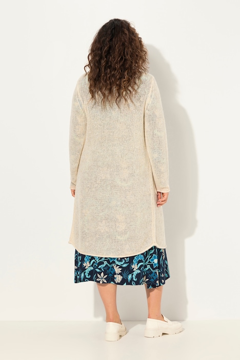 Long-Strickjacke, Bindeband, V-Ausschnitt, Rollkanten