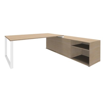 Bureau URBAN Manager - L180 x P100 x H72,5 cm - console retour à droite (cases) L200 x P60 cm - pieds blanc - plateau imitation chêne clair