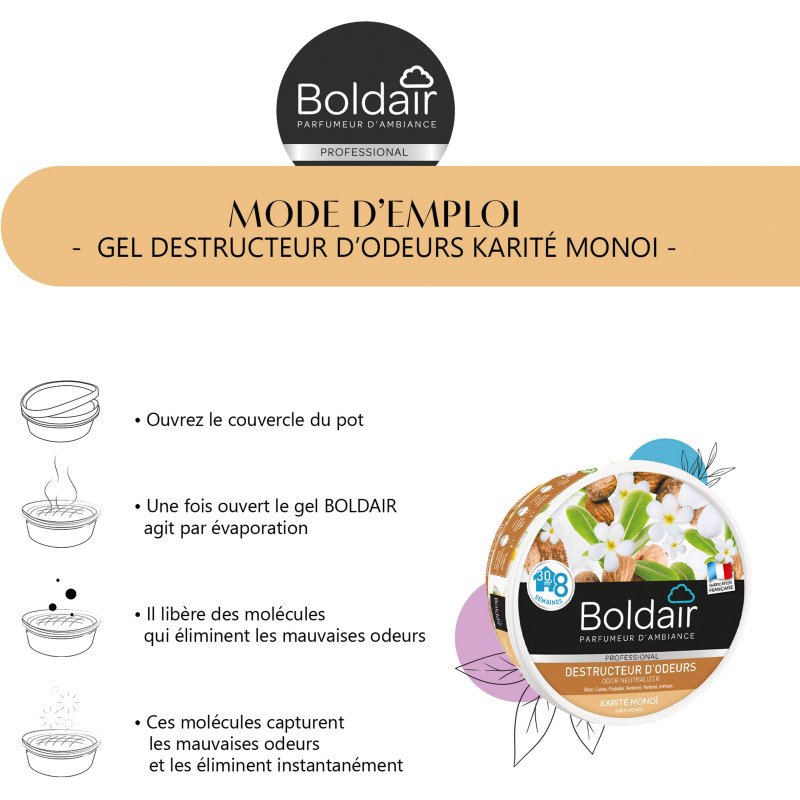 Désodorisant gel Boldair destructeur d'odeurs karité monoï - Boîte de 300 g
