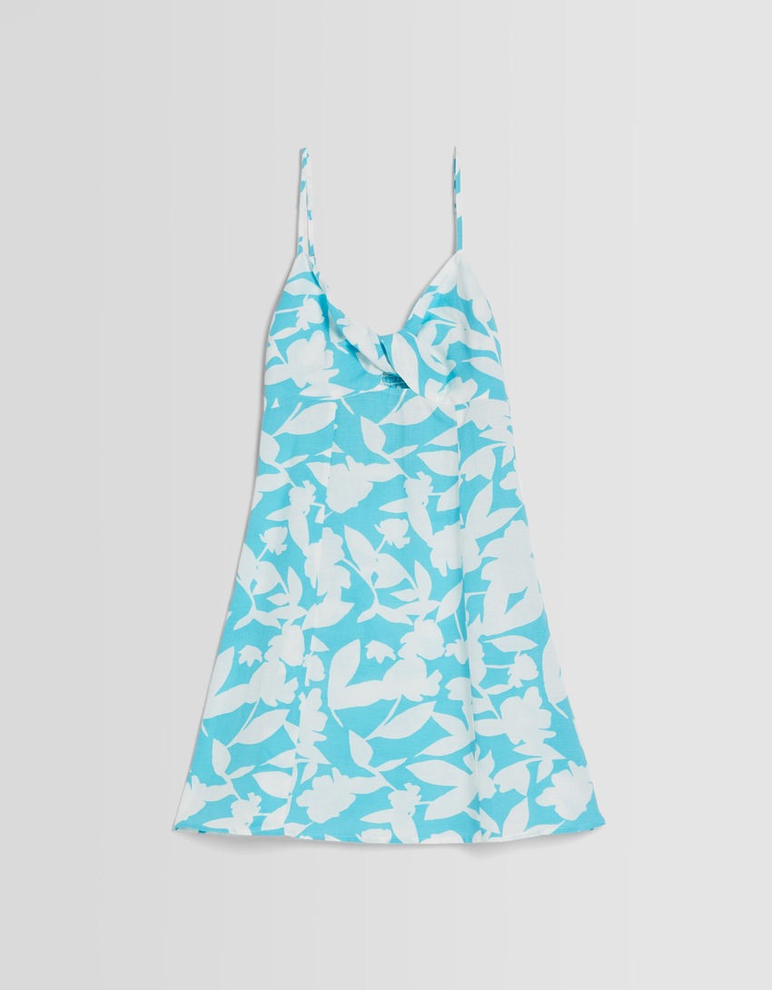 Vestido curto de linho misto com alças finas e detalhe de nó.
