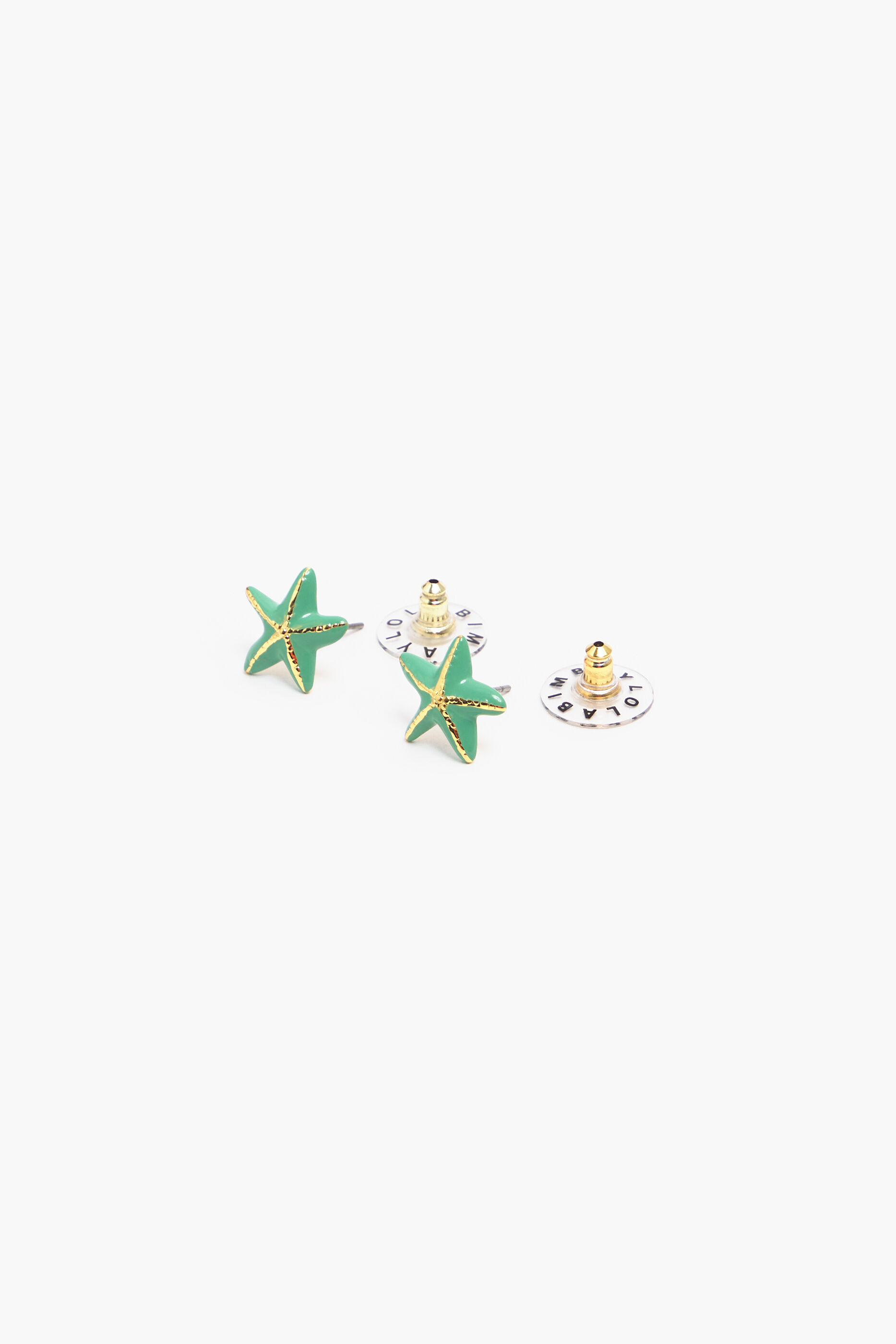 Brincos pequenos em forma de estrela, cor água-marinha.