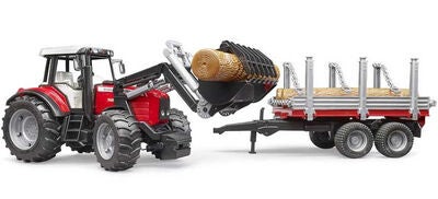 Bruder Massey Ferguson 7480 Traktor Med frontlaster Og Tømmertrailer